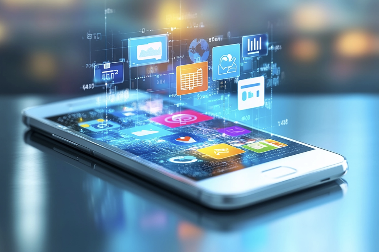 Apps vs Website image. Mobile phone with apps on display.